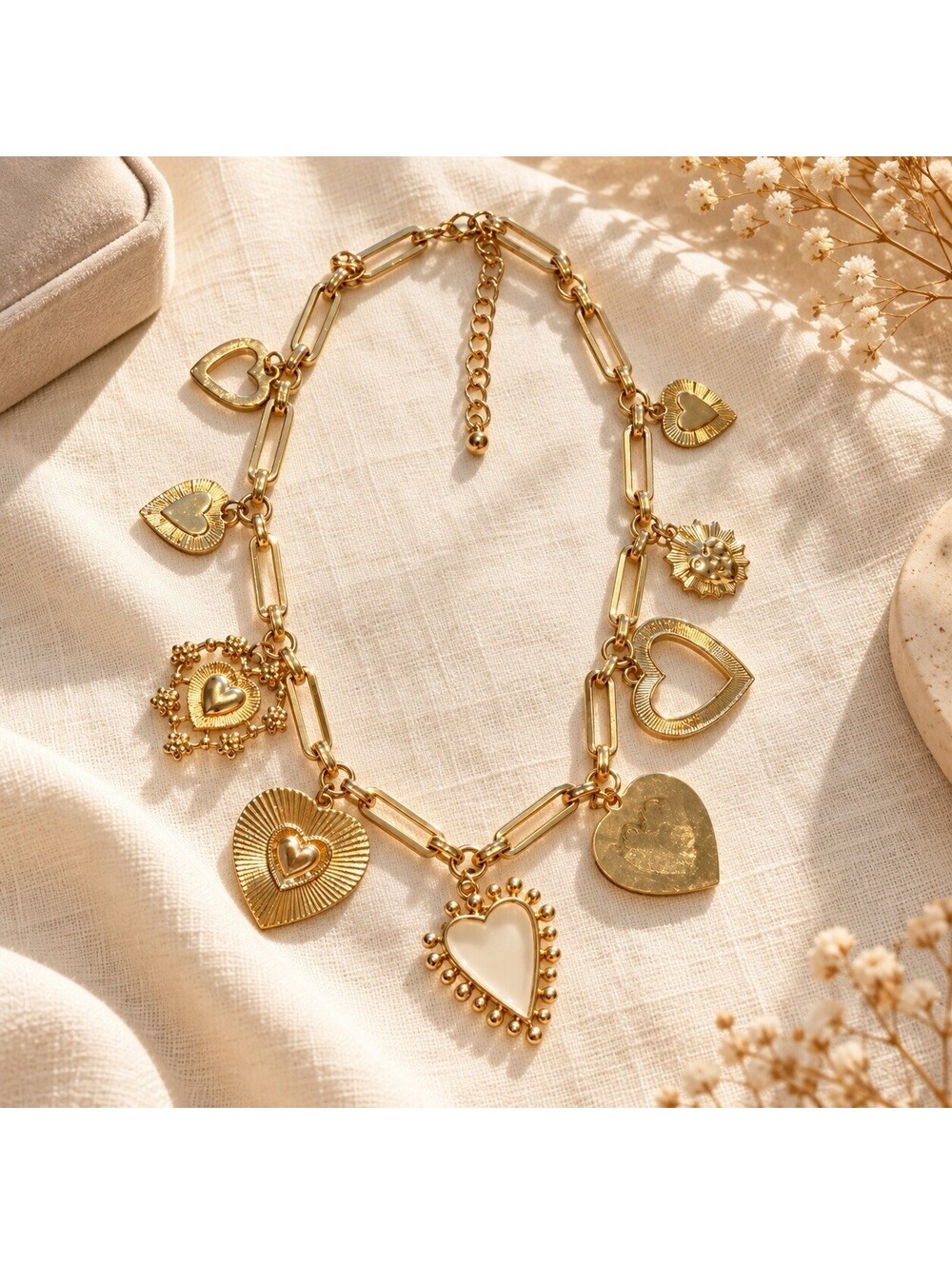 Gold Tone Paperclip Chain Necklace with Heart & Floral Charms Adjustable